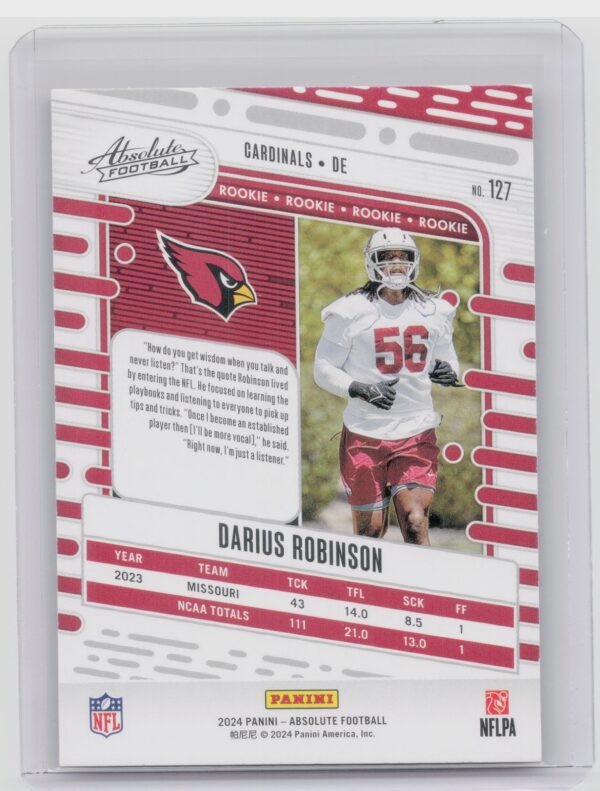 2024 Absolute Darius Robinson Red and Blue RC 127 Cardinals - Image 3