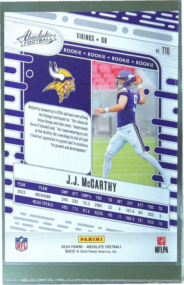 2024 Absolute J.J. McCarthy Retail RC #110 Vikings - Image 3