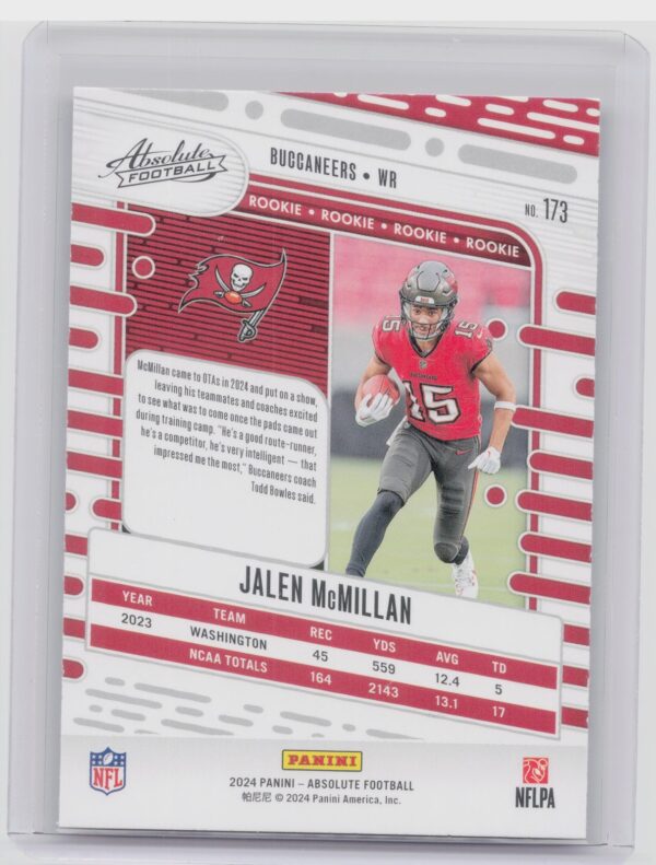 2024 Absolute Jalen McMillan Red and Blue RC 173 Buccaneers - Image 3