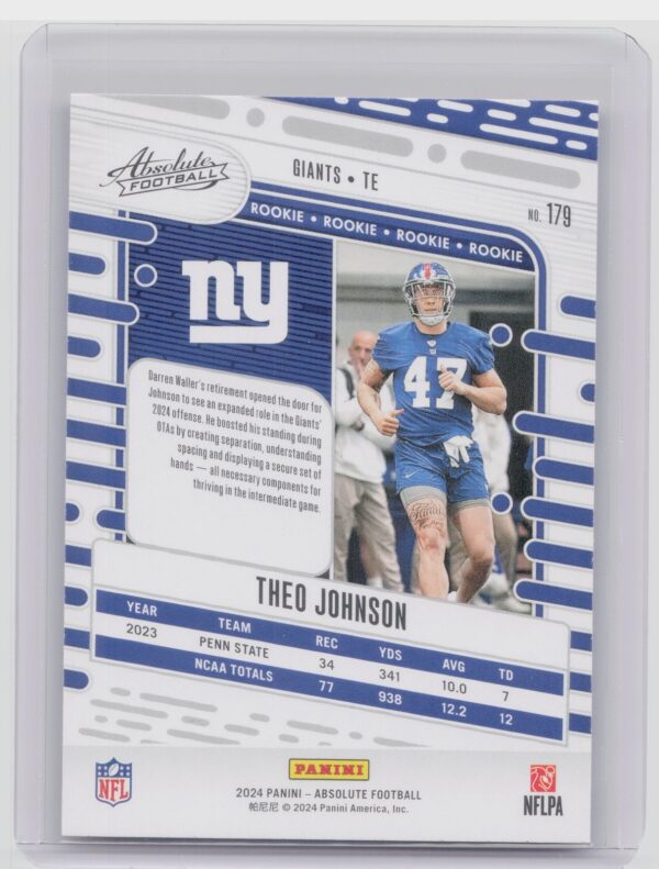 2024 Absolute Theo Johnson Red and Blue RC 179 Giants - Image 3