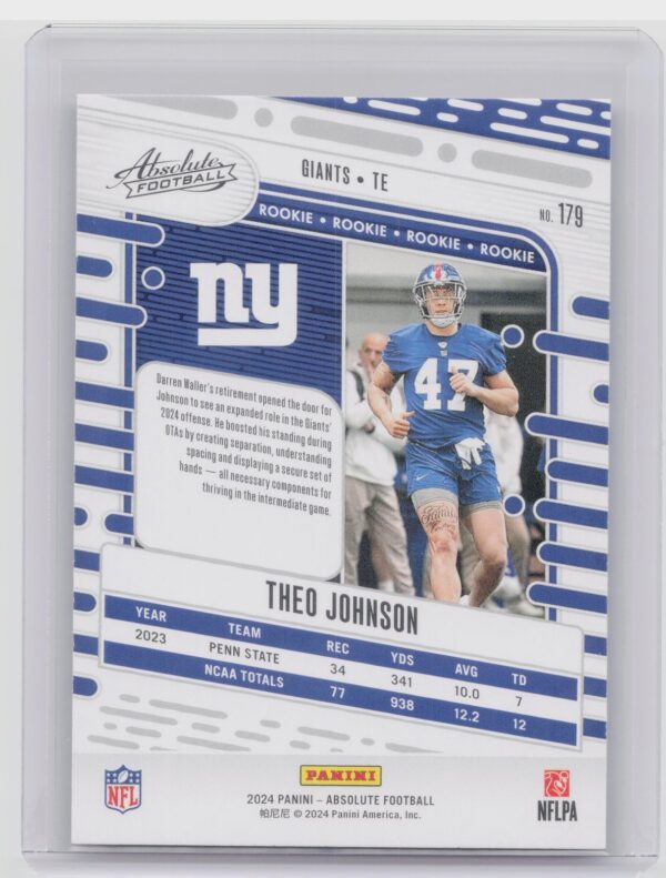 2024 Absolute Theo Johnson Red and Blue RC 179 Giants - Image 3