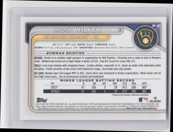 2024 Bowman Brock Wilken #BP-86 Brewers Prospects - Image 3