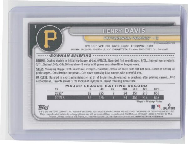 2024 Bowman Chrome Henry Davis Mojo Refractors #7 Pirates - Image 3