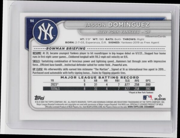 2024 Bowman Chrome Jasson Domínguez RC #94 Yankees - Image 3