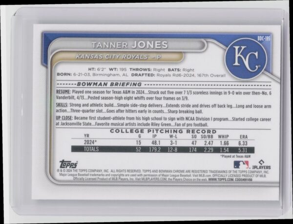 2024 Bowman Draft Tanner Jones Chrome #BDC-195 Royals - Image 3