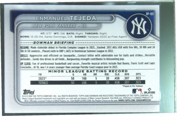 2024 Bowman Enmanuel Tejeda /125 #BP-103 Yankees Prospects Blue Pattern - Image 3