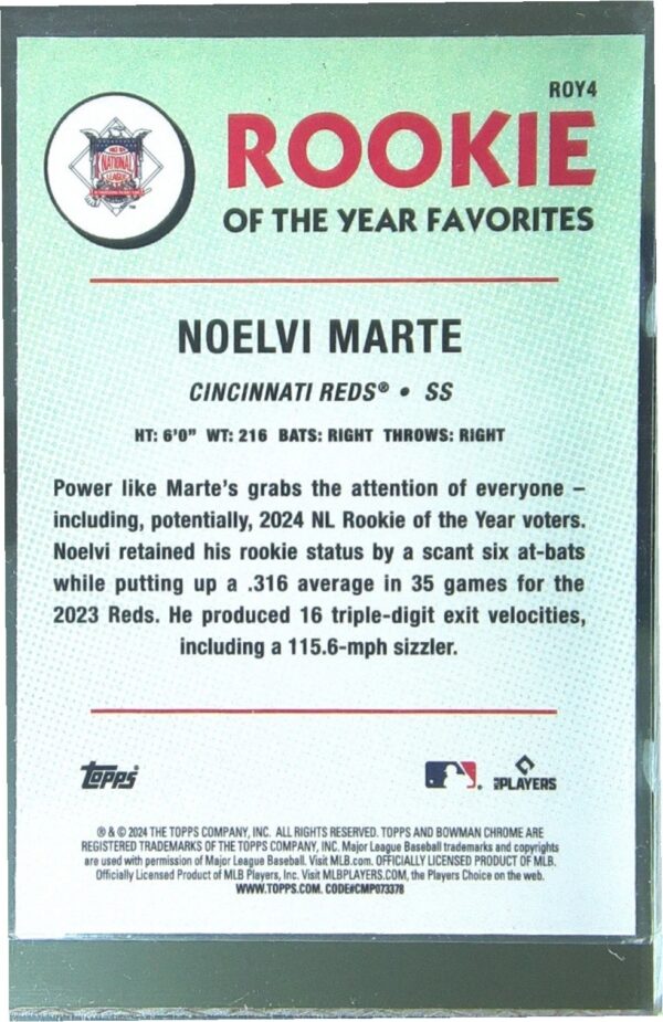 2024 Bowman Noelvi Marte RC #ROY-4 Rookie of the Year Favorites Mojo Refractor - Image 3