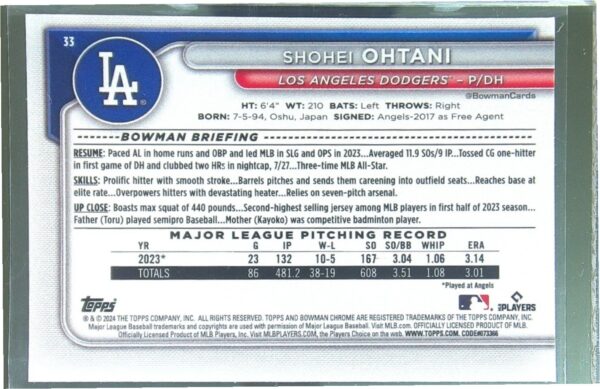 2024 Bowman Shohei Ohtani Chrome Mojo Refractor #33 Dodgers - Image 3