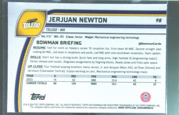 2024 Bowman University Chrome Jerjuan Newton Pink Lava Refractor RC 98 Rockets - Image 3