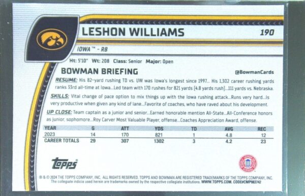 2024 Bowman University Chrome Leshon Williams Pink Lava Refractor RC 190 Hawkeye - Image 3