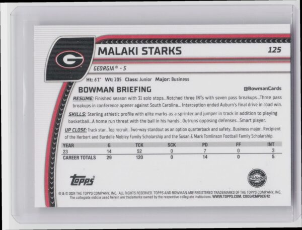 2024 Bowman University Chrome Malaki Starks Pink Lava Refractor 125 Bulldogs - Image 3