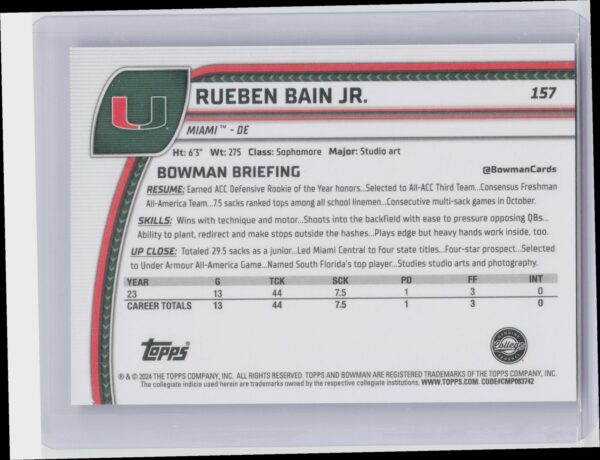 2024 Bowman University Chrome Rueben Bain Jr. Purple Mini Diamond Refractor /375 - Image 3