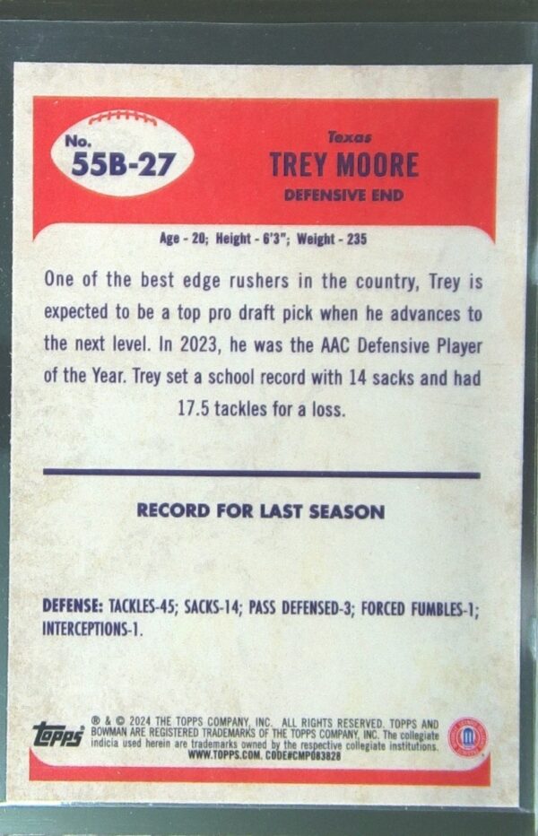 2024 Bowman University Chrome Trey Moore #55B-27 Longhorns 1955 Bowman Football - Image 3