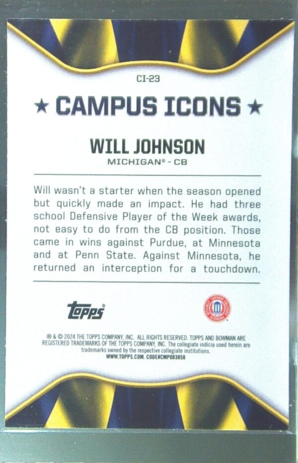 2024 Bowman University Chrome Will Johnson #CI-23 Wolverines Campus Icons - Image 3