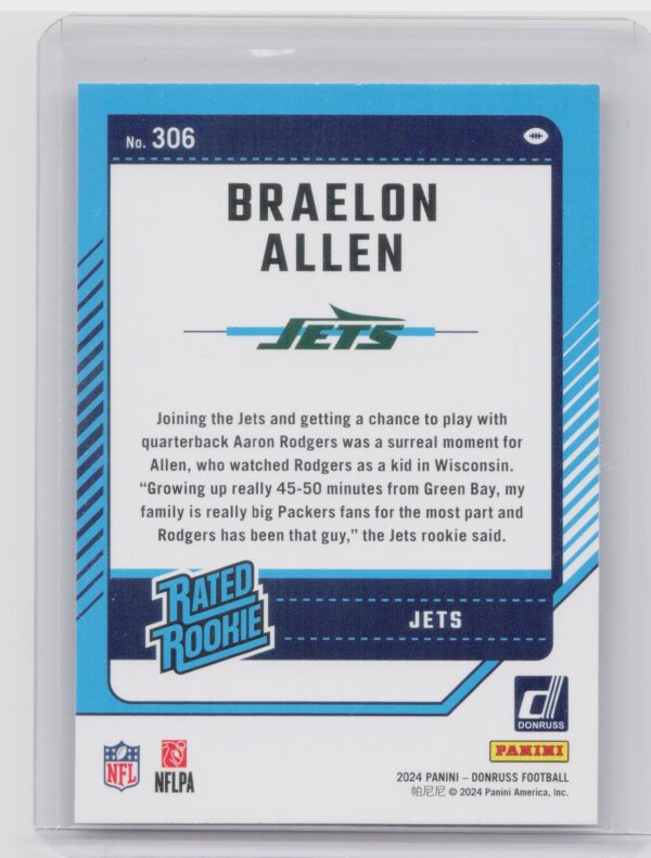 2024 Donruss Braelon Allen RC 306 Jets - Image 3