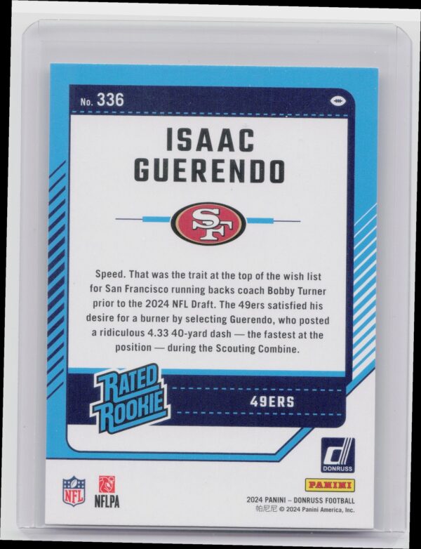 2024 Donruss Isaac Guerndo Rated Rookie RC 336 49ers - Image 3