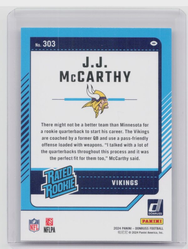 2024 Donruss J.J. McCarthy RC 303 Vikings - Image 3