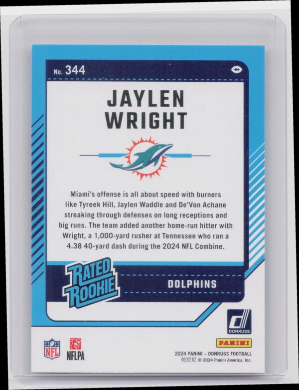 2024 Donruss Jaylen Wright RC 344 Dolphins - Image 3