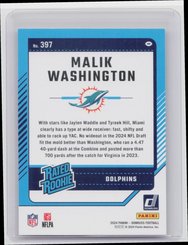 2024 Donruss Malik Washington RC 397 Dolphins - Image 3