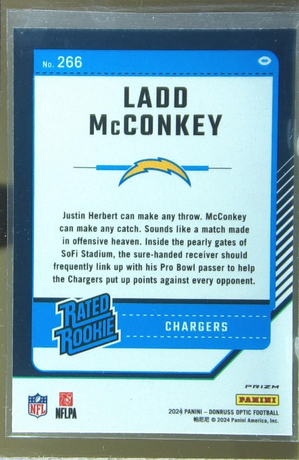 2024 Donruss Optic Ladd McConkey Blue Hyper RC #266 Chargers - Image 3