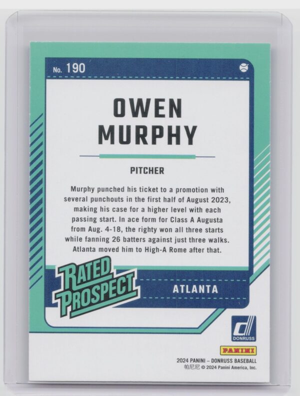 2024 Donruss Owen Murphy Red and Blue #190 Braves - Image 3
