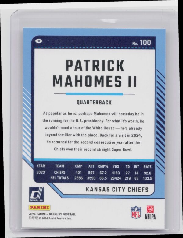 2024 Donruss Patrick Mahomes II 100 Chiefs - Image 3