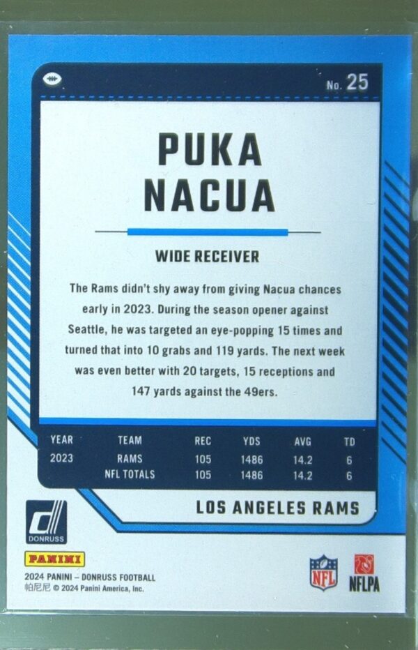 2024 Donruss Puka Nacua Press Proof Purple 25 Rams - Image 3