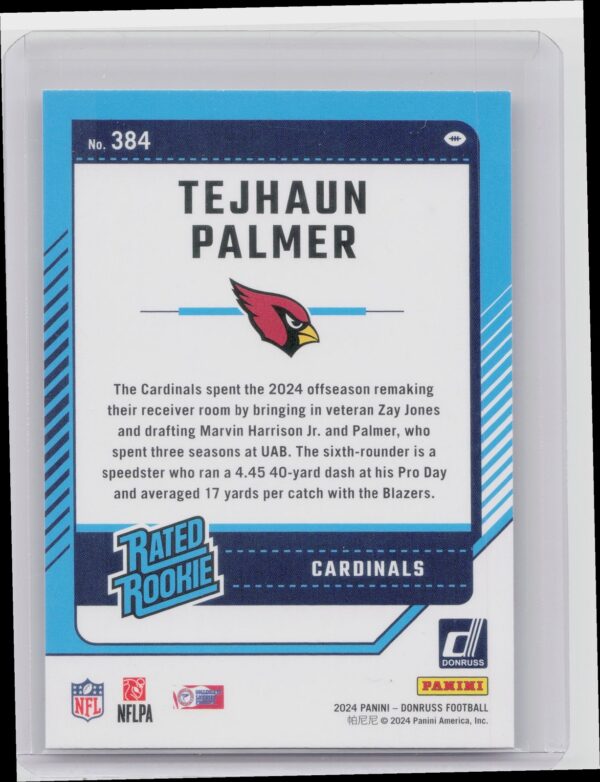 2024 Donruss Tejhaun Palmer RC 384 Cardinals - Image 3