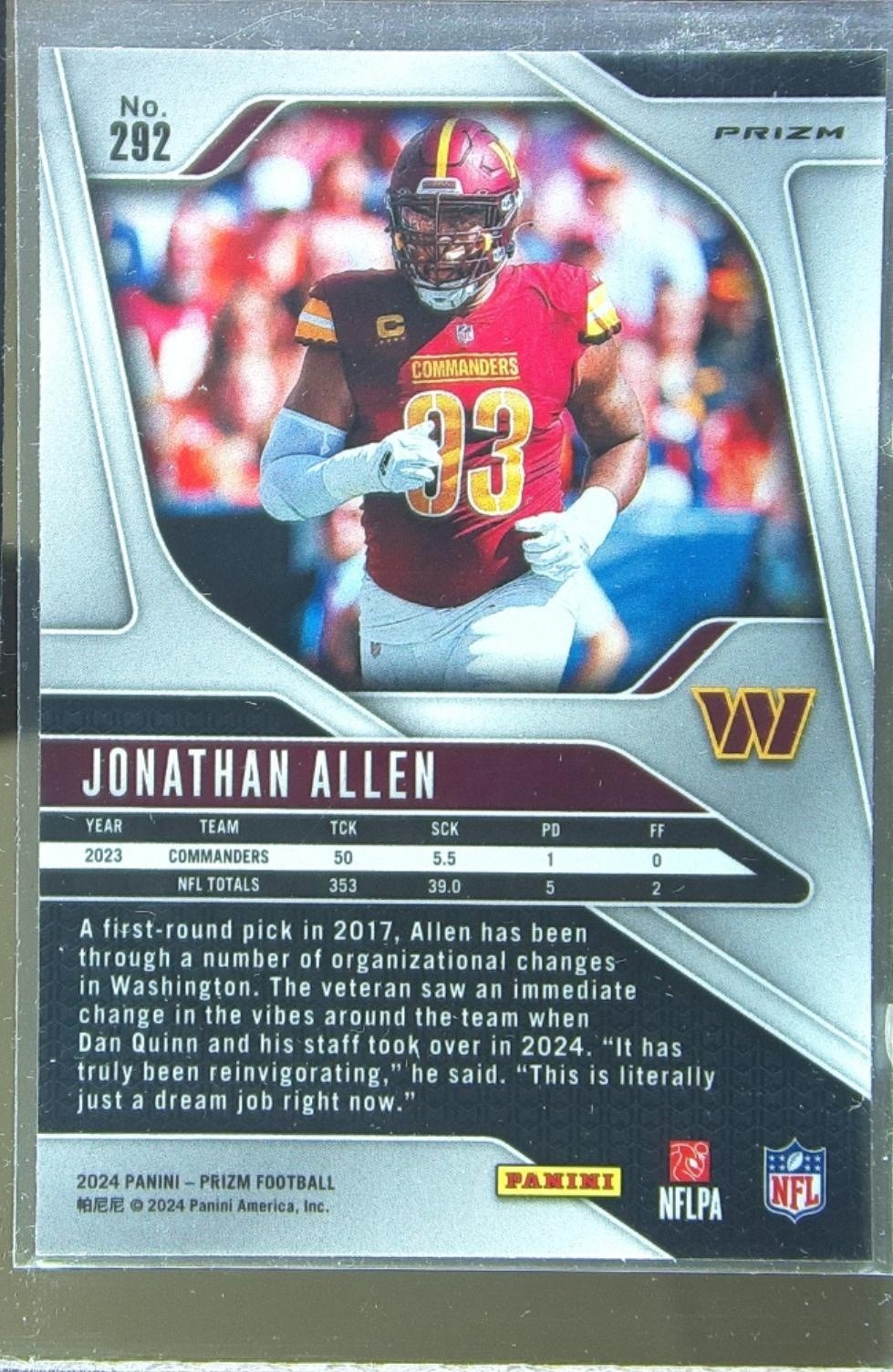 2024 Prizm Jonathan Allen Pink 292 Commanders - Image 3