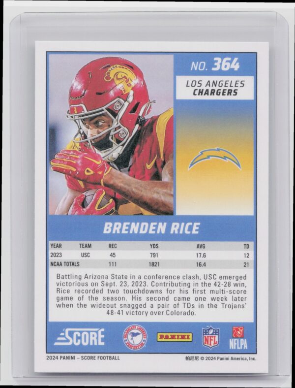 2024 Score Brenden Rice RC #364 Chargers - Image 3