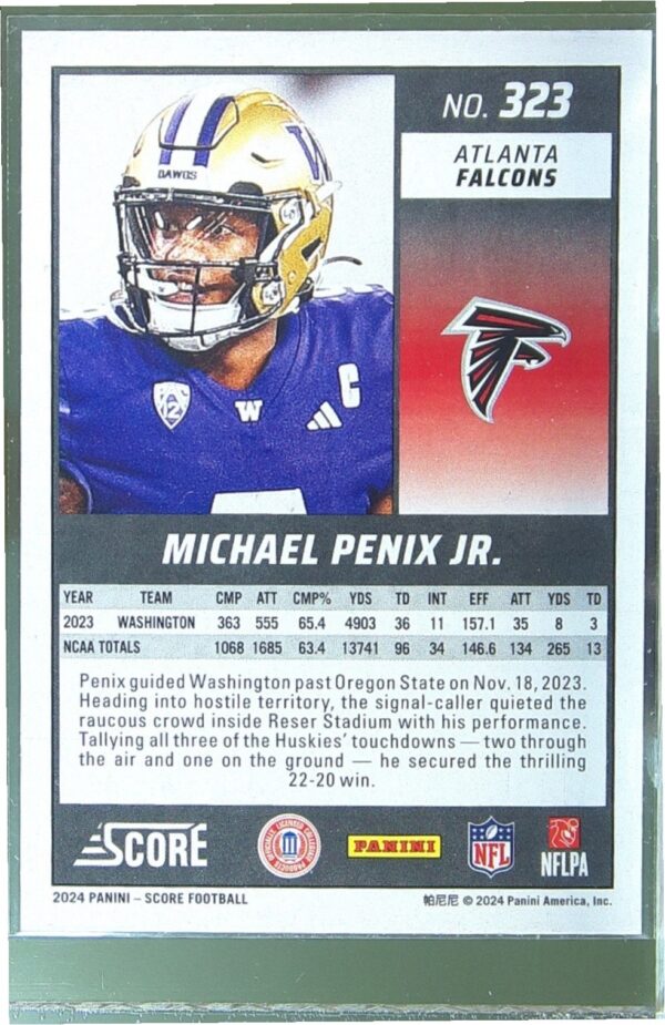 2024 Score Michael Penix Jr. RC #323 Falcons - Image 3