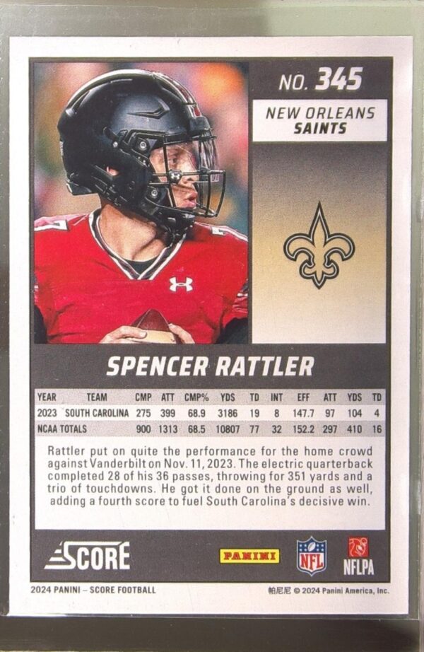 2024 Score Spencer Rattler RC #345 Saints - Image 3