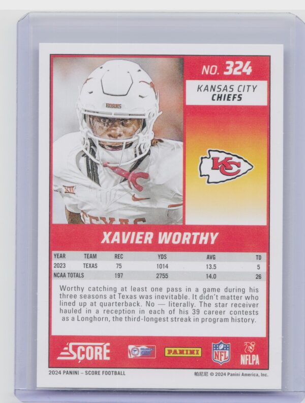 2024 Score Xavier Worthy RC #324 Chiefs - Image 3