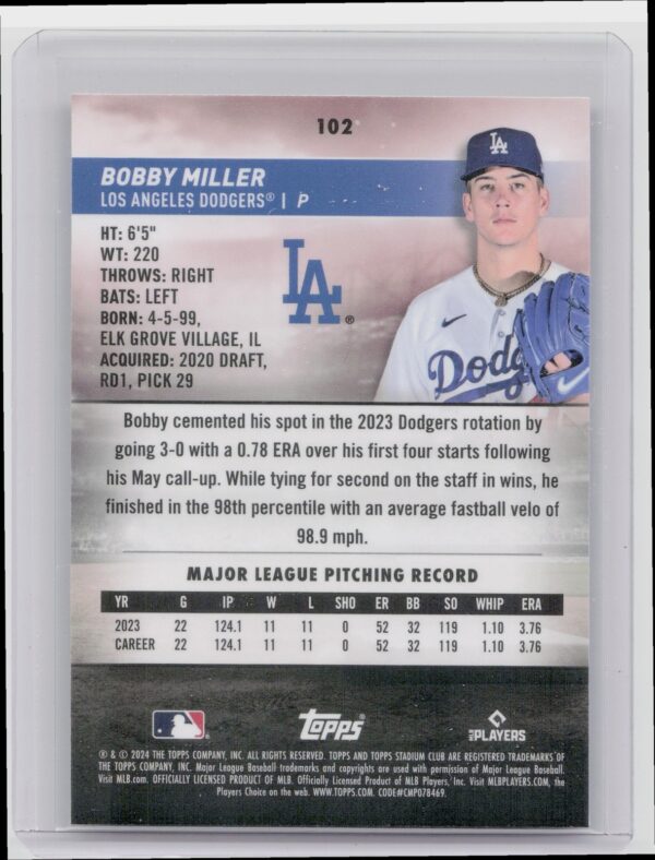 2024 Stadium Club Bobby Miller #102 Dodgers - Image 3