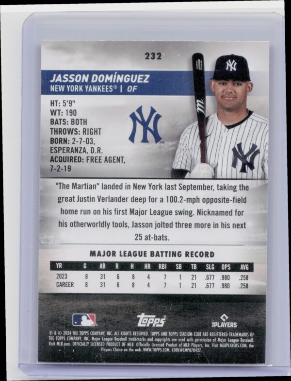 2024 Stadium Club Jasson Domínguez RC #232 Yankees - Image 3