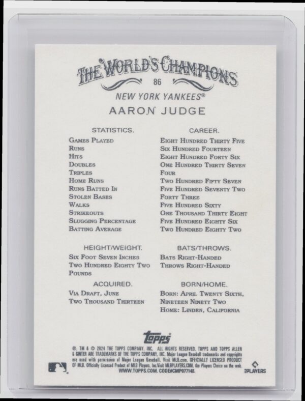 2024 Topps Allen & Ginter Aaron Judge #86 Yankees - Image 3