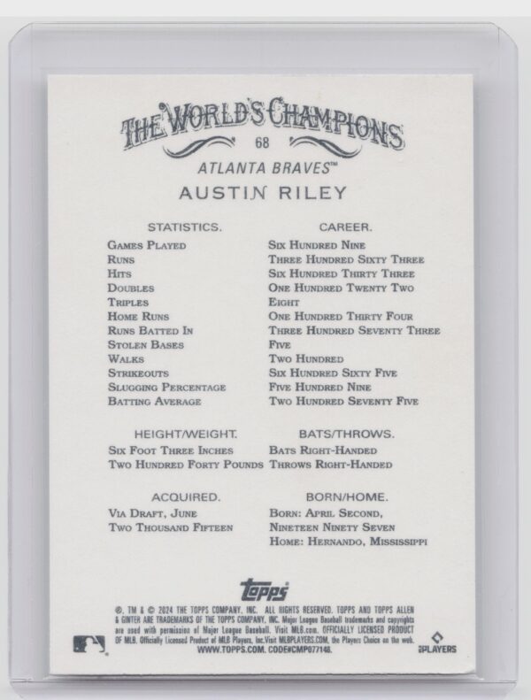 2024 Topps Allen & Ginter Austin Riley #68 Braves - Image 3