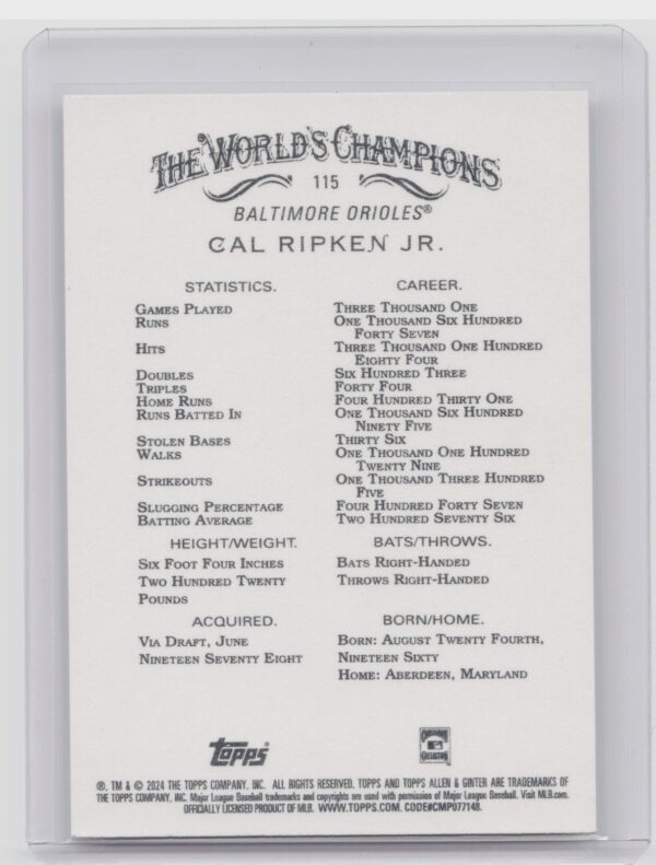 2024 Topps Allen & Ginter Cal Ripken Jr. #115 Orioles - Image 3