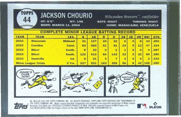 2024 Topps Archives Jackson Chourio RC #44 Brewers - Image 3