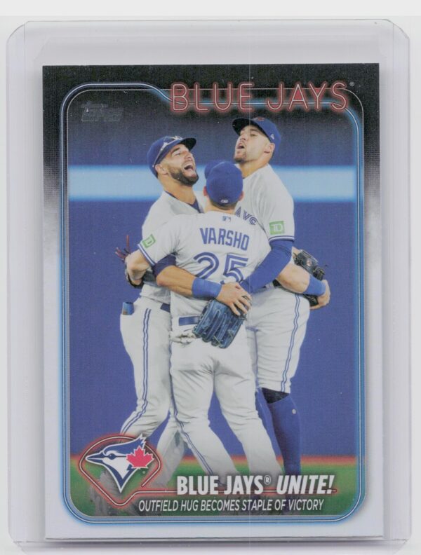 2024 Topps Blue Jays Unite!: Outfield Hug Becomes Staple of Victory Rainbow Foil