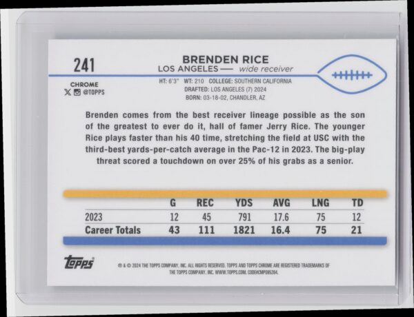 2024 Topps Chrome Brenden Rice RC 241 Chargers - Image 3