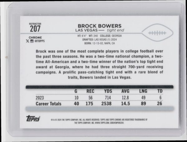 2024 Topps Chrome Brock Bowers Refractor #207 Raiders - Image 3