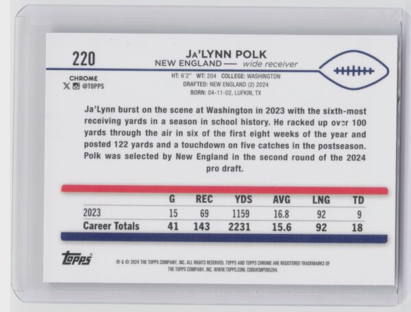 2024 Topps Chrome Ja’Lynn Polk RC 220 Patriots - Image 3