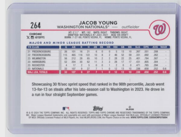 2024 Topps Chrome Jacob Young RC #264 Nationals - Image 3