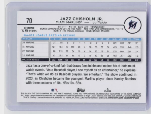 2024 Topps Chrome Jazz Chisholm Jr. #70 Marlins - Image 3