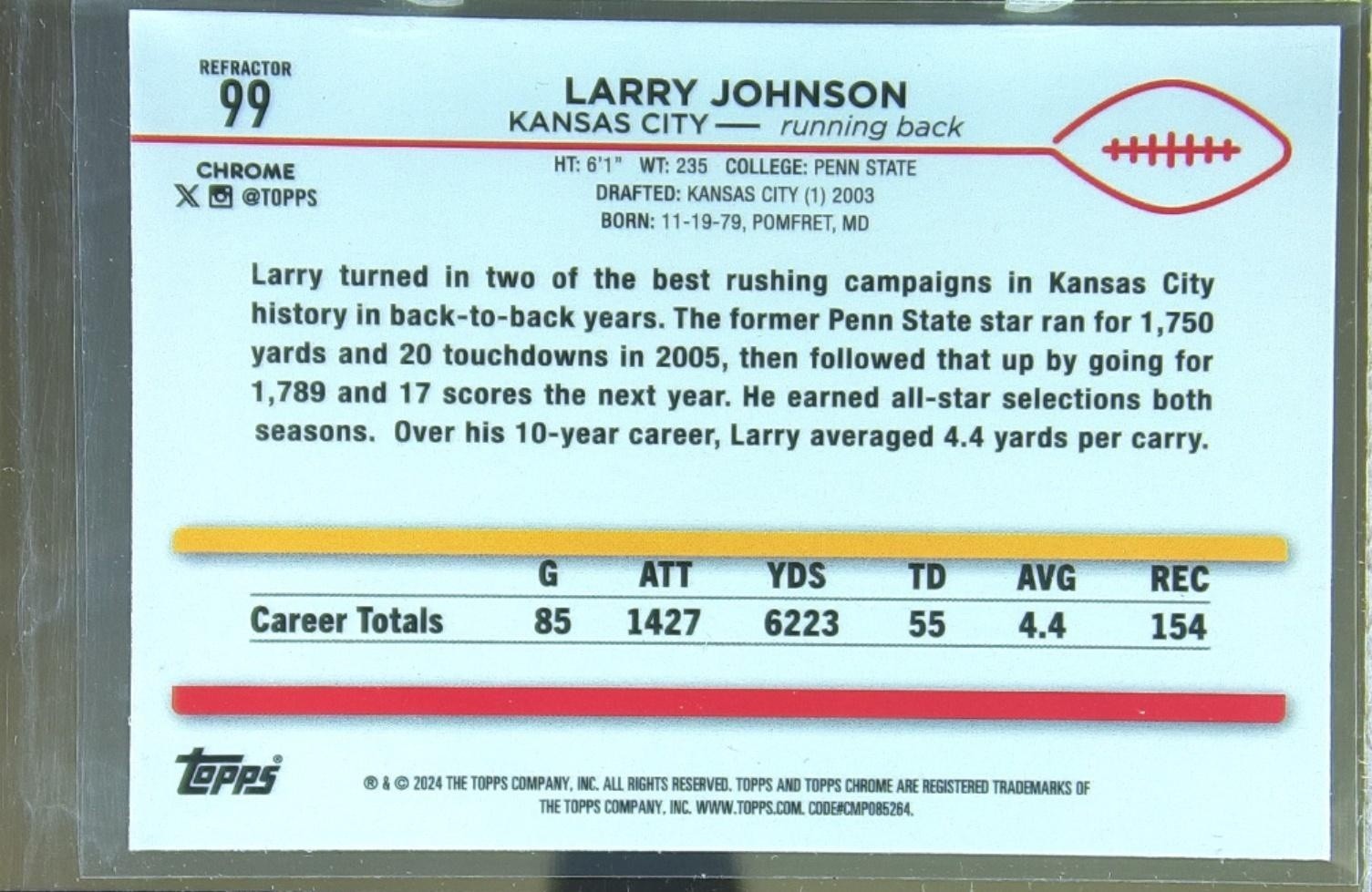 2024 Topps Chrome Larry Johnson Refractor #99 Chiefs - Image 3