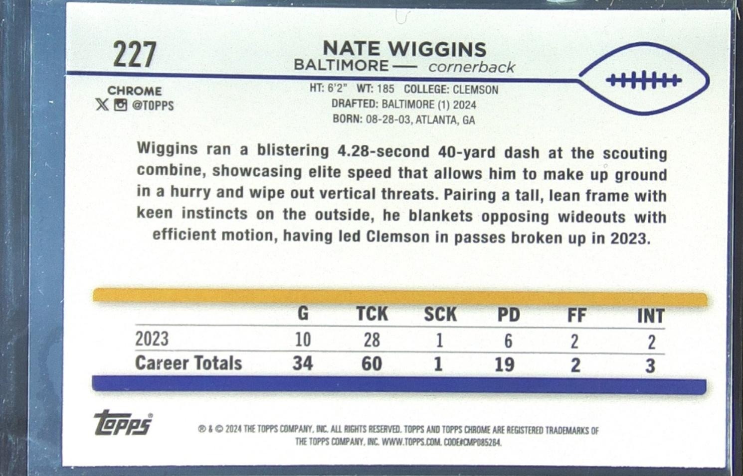 2024 Topps Chrome Nate Wiggins RC #227 Ravens - Image 3