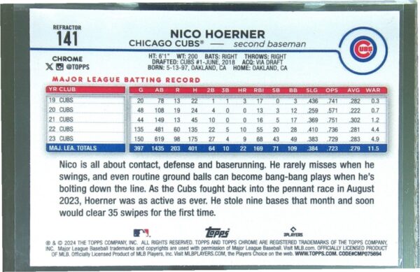 2024 Topps Chrome Nico Hoerner Big Apple Refractors #141 Cubs - Image 3