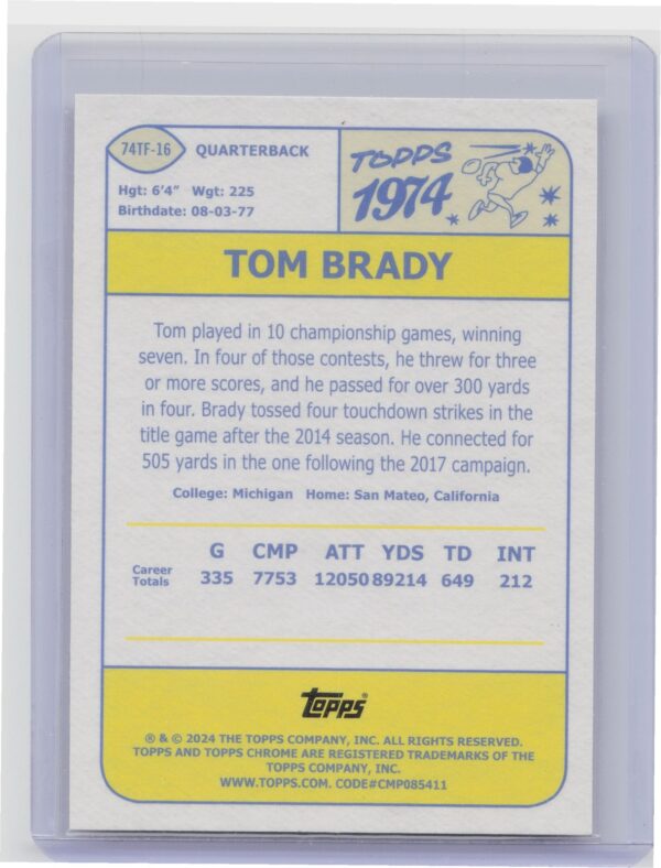 2024 Topps Chrome Tom Brady 74TF-16 Patriots 1974 Topps Football - Image 3