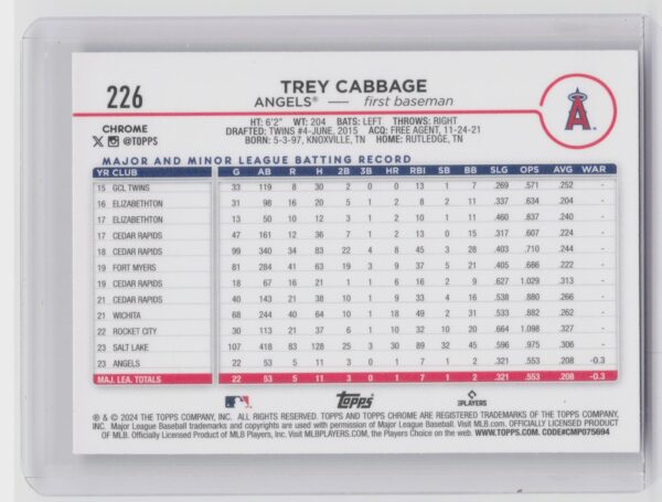 2024 Topps Chrome Trey Cabbage X Fractors #226 Angels - Image 3